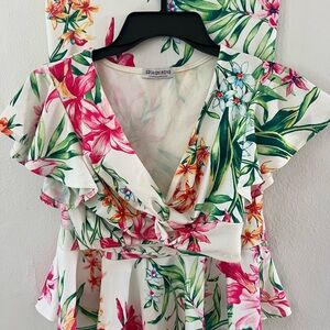 Fashion Nova Tropical Floral Blouse - Pink and Green
